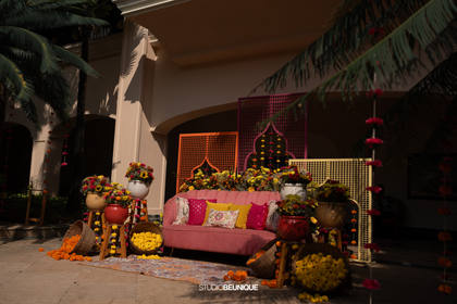 Lounge and Backdrop — Haldi decor — Taj Exotica